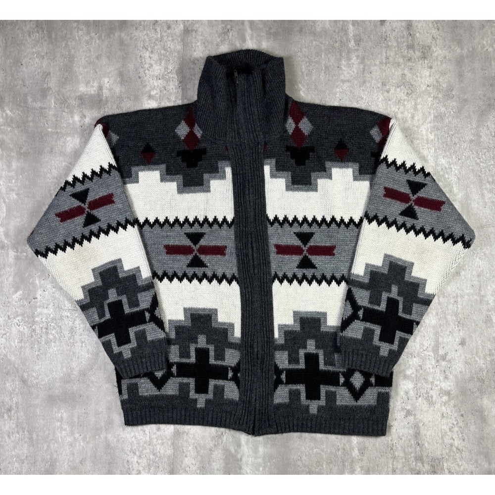 Vintage Towncraft Mens Full Zip Knitted Sweater Large Grey Southwestern Acrylic